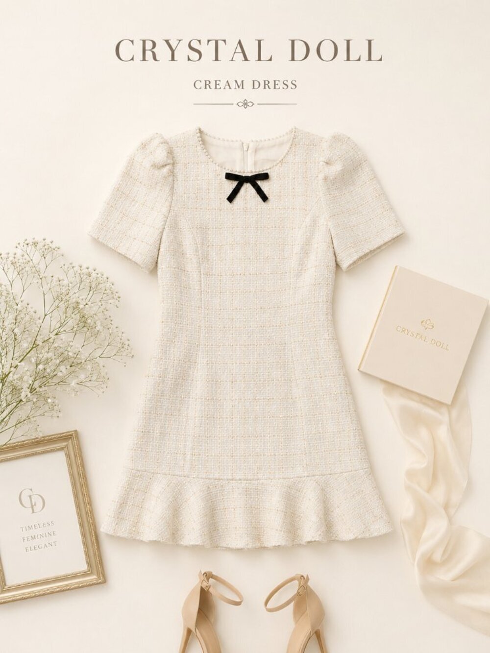 Crystal Doll Cream Ruffle Hem Bow Embellished Tweed Mini Dress Size XL NWT